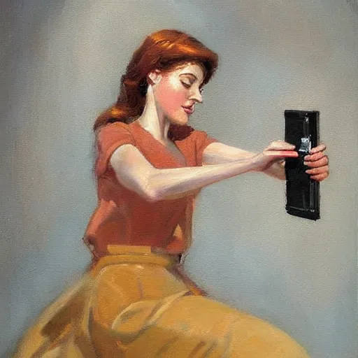 Image similar to A painting. A rip in spacetime. Did this device in her hand open a portal to another dimension or reality?! chestnut by Raymond Leech rich, muted