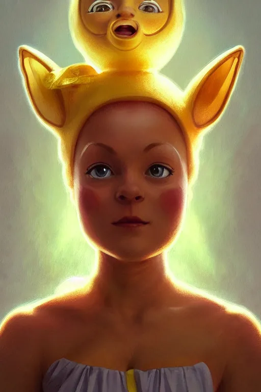 Image similar to teletubbies character portrait, intricate, elegant, highly detailed, digital painting, artstation, concept art, smooth, sharp focus, illustration, art by artgerm and greg rutkowski and alphonse mucha