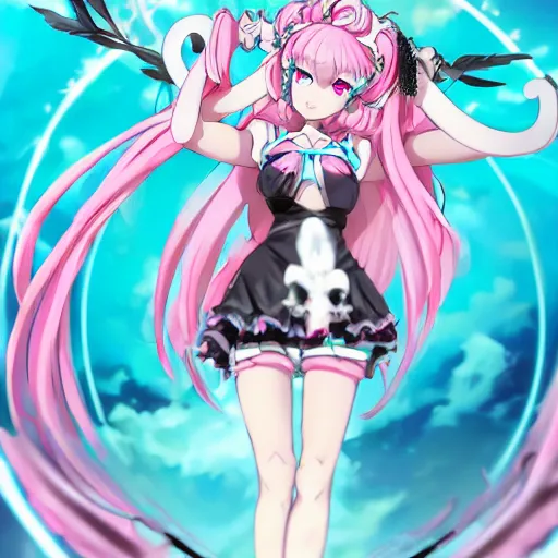 Image similar to stunningly beautiful omnipotent megalomaniacal anime goddess who looks like junko enoshima with porcelain skin, pink twintail hair and mesmerizing cyan eyes, symmetrical perfect face smiling in a twisted, mischievous, devious and haughty way while looking down upon the viewer and taking over the universe, mid view, hyperdetailed, 2 d, 8 k