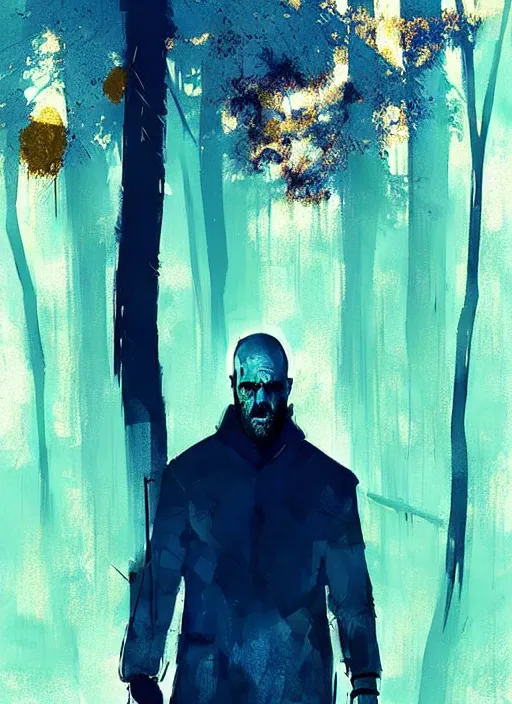 Image similar to horror art, jason statham vampire hunter, blue and gold trees in the background, art by ismail inceoglu