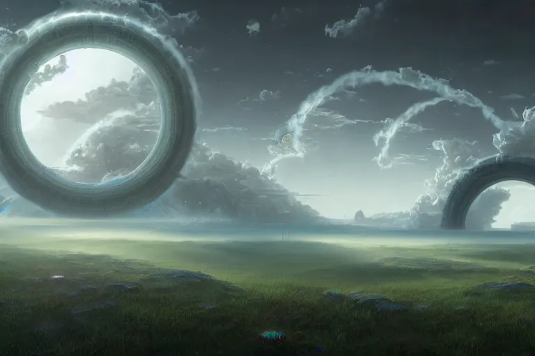 Image similar to a psychedelic realm with rolling plains made out of clouds, and giant portals scattered throughout that lead into the multiverse, in the style of wlop, illustration, epic, fantasy, hyper detailed, smooth, unreal engine, sharp focus, ray tracing