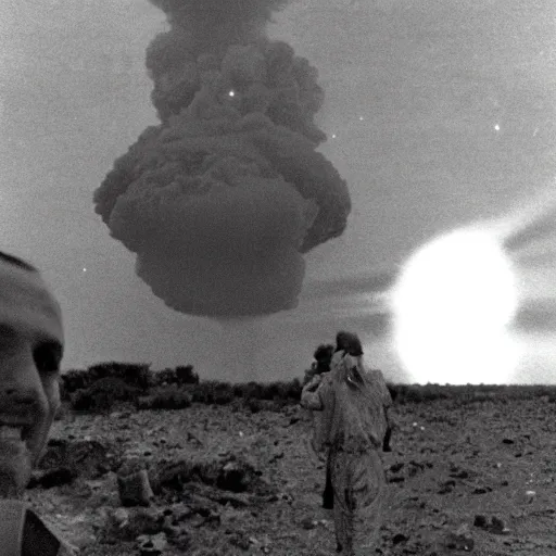 Prompt: last human selfie,horror , nuclear explosion in background