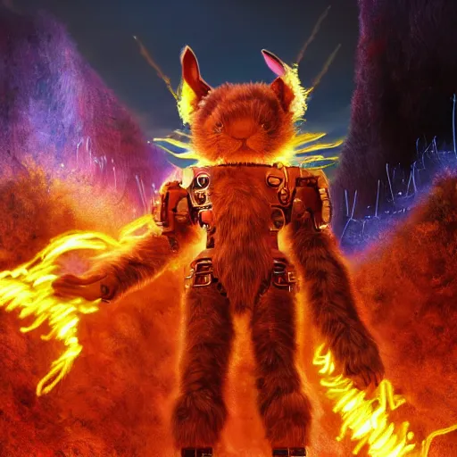 Prompt: human mole chimera, furry, extremely detailed, large rabbit ears, extremely detailed fur, intricate neon circuit pattern, exoskeleton mecha suit, cyborg, surrounded by fire, time travel, lightning arc plama, futuristic, ultra detailed, 8 k, ultra realistic, cinematic atmosphere, unreal engine, octane render, trending on artstation, cgi, photorealistic