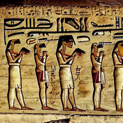 Prompt: Hasidic Jews on ancient Egyptian Hieroglyphics