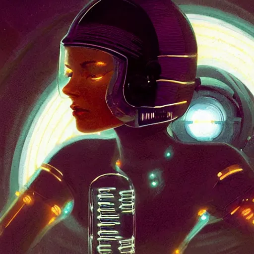 Image similar to detailed face of a synthetic sentient super - intelligent woman being powered on and nixie tube eyes warming up, warm space, cool skydome, fresh atmosphere, syd mead, livia prima, artgerm, greg rutkowski, pj crook, nick alm, casey baugh