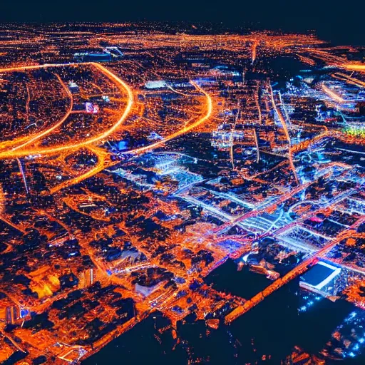 Image similar to an aerial view of a city at night, instagram contest winner, maximalism, glowing lights, vivid colors, circuitry