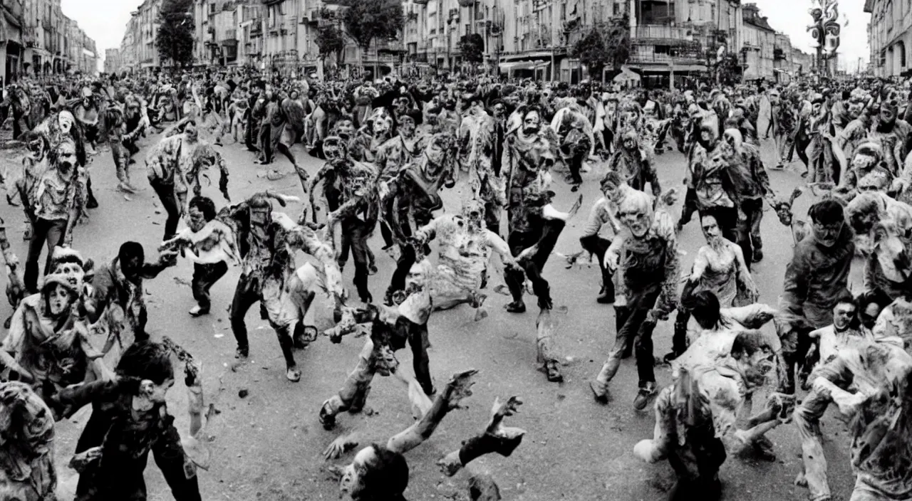 Prompt: a photo of the famous zombie invasion in the streets of Vichy, 1994, vibrant