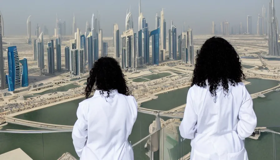 Prompt: a black woman with long hair in a white lab coat gazing at the dubai skyline