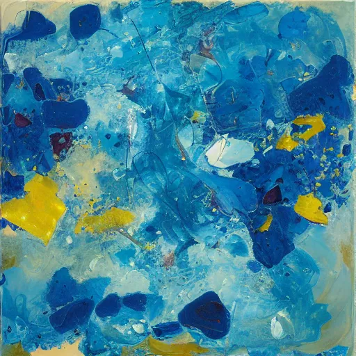 Image similar to floating blobs of blue water on a plain background, oil on canvas, abstract art, caustics, volumetric light, in the style of jean - paul riopelle