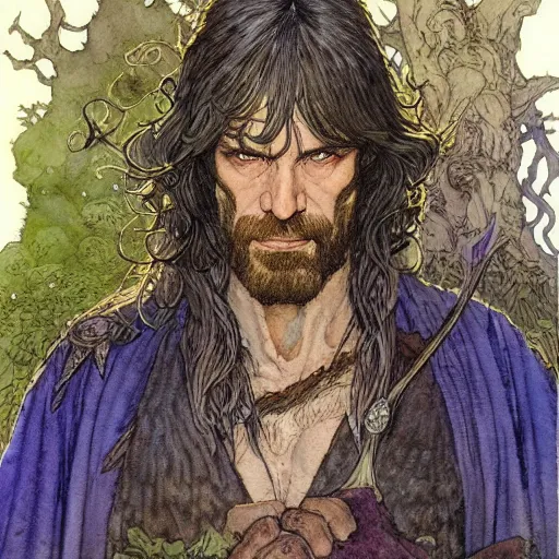 Image similar to a realistic and atmospheric watercolour fantasy character concept art portrait of ian mc kellen as a druidic warrior wizard looking at the camera with an intelligent gaze by rebecca guay, michael kaluta, charles vess and jean moebius giraud