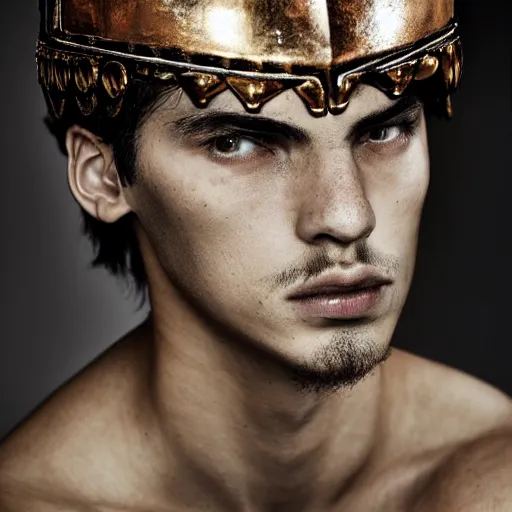 Prompt: a portrait of a beautiful young greek male wearing an alexander mcqueen armor , photographed by andrew thomas huang, artistic