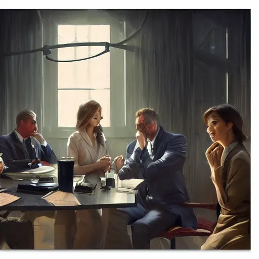 Image similar to epic masterpiece of cinematographic hyperrealism where a business meeting appears. realistic shaded lighting poster by craig mallismo, artgerm, jeremy lipkin and michael garmash, unreal engine, radiant light, complex detailed environment, digital art, art station trends