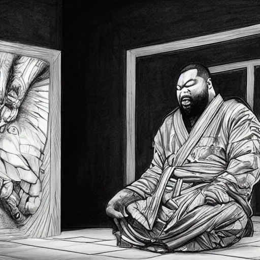 Prompt: pencil sketch of raekwon of wutang clan praying in front of a shaolin temple art by kim jung gi