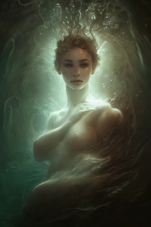 Image similar to meditation deep in dark murky water!!!, underwater atmospheric mood, asleep and dreaming! cinematic volumetric lights, bust portrait, dnd, fantasy, intricate, elegant, highly detailed, digital painting, artstation, concept art, smooth, sharp focus, illustration, art by artgerm and tom bagshaw and greg rutkowski and alphonse mucha