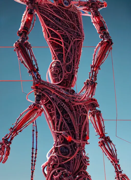 Image similar to space station exterior, a statue jesus on cross made of red marble, perfect symmetrical body, full body shot, inflateble shapes, wires, tubes, veins, white biomechanical, wearing epic bionic cyborg implants, masterpiece, intricate, biopunk, vogue, highly detailed, artstation, concept art, cyberpunk, octane render