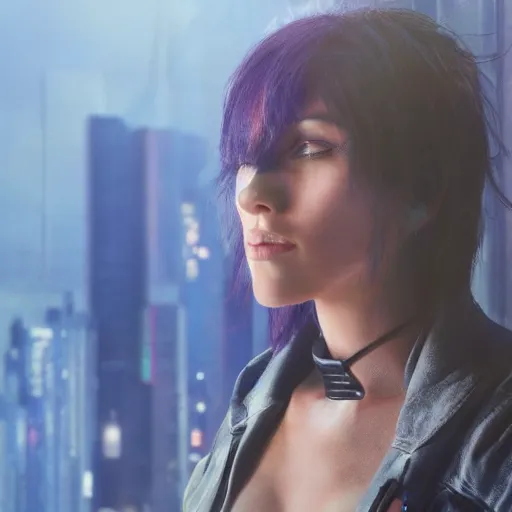 Prompt: a beautiful still of scarlett johansson as motoko kusanagi from ghost in the shell, cyberpunk style, looking off into the distance, short black hairs, with a soft, blue hour, neons light from night city falling on her face. focus on her eyes and brows. by annie leibowitz