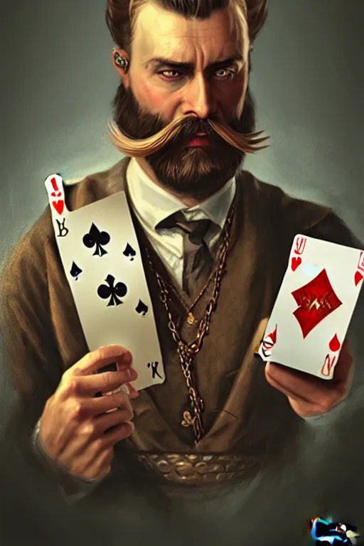 Image similar to neck bearded round face with no moustache, magician holding playing cards, realistic, modern, magicians eyes are covered with cloth, intricate, elegant, highly detailed, digital painting, artstation, concept art, addiction, chains, smooth, sharp focus, illustration, art by ilja repin