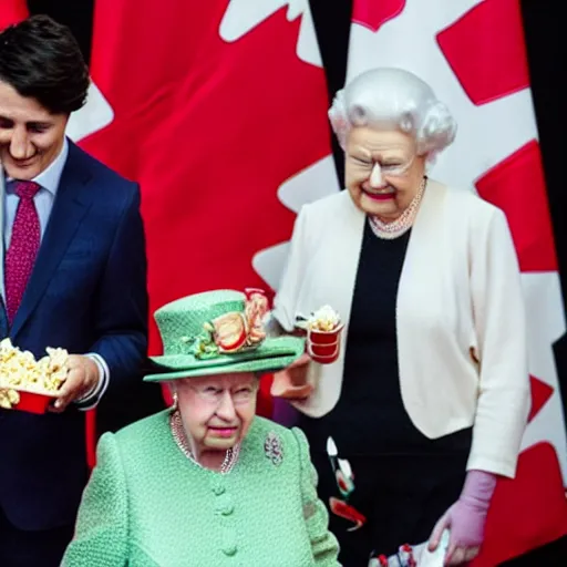 Image similar to photo of the Queen of England body slamming Xi Jinping while Justin Trudeau eats popcorn,