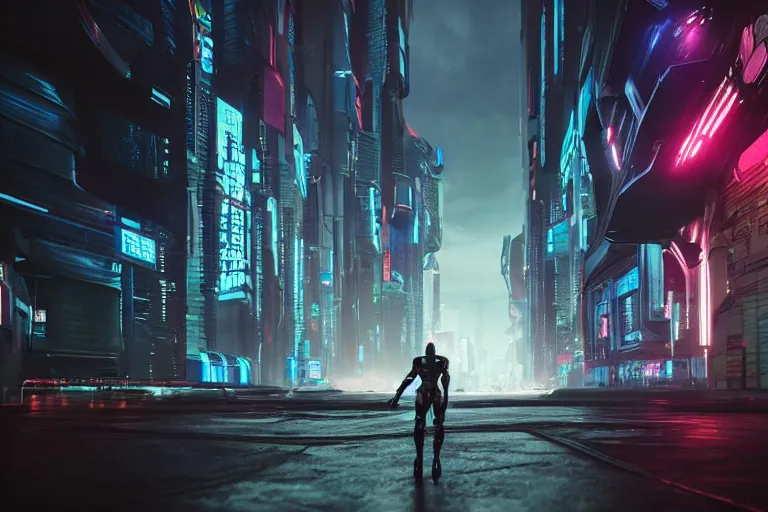 Image similar to cyberpunk alien concept inspired street, futuristic look, highly detailed body, very powerful, photorealistic camera shot, bright studio setting, studio lighting, crisp quality and light reflections, unreal engine 5 quality render