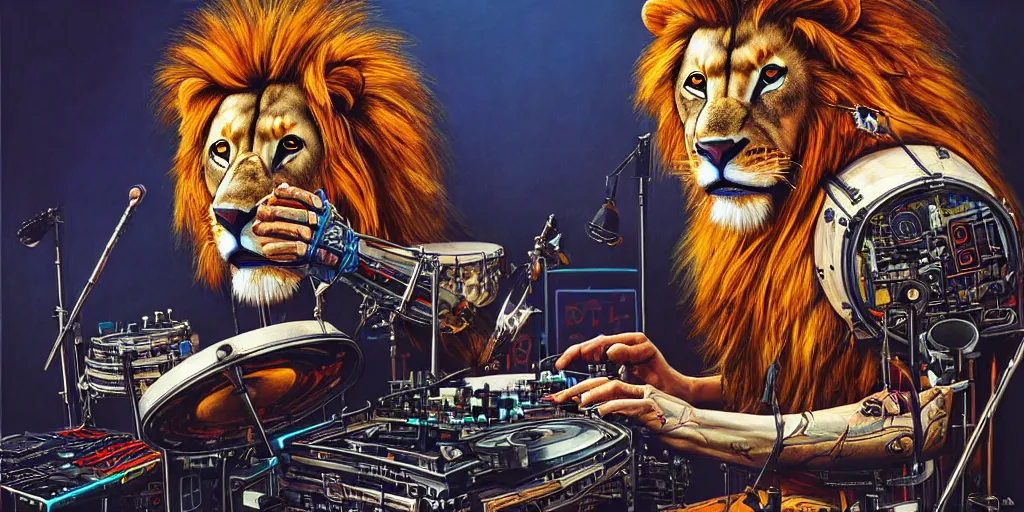 Image similar to a portrait of an anthropomorphic cyberpunk lion playing the drums by sandra chevrier, by jon foster, detailed render, tape deck, epic composition, cybernetics, 4 k realistic, cryengine, realistic shaded lighting, sharp focus, masterpiece, by enki bilal