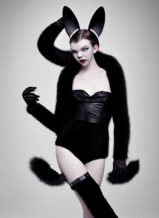 Image similar to full body environmental portrait photo of dressed catgirl anya taylor - joy, cat ears, fur, glamour shot by gemmy woud - binnendijk, chris knight, photorealistic, canon r 3, high fashion photography, elegant, luxury and elite, symmetry, octane render, unreal engine, solid dark grey background, dramatic studio lights, high fashion journal cover