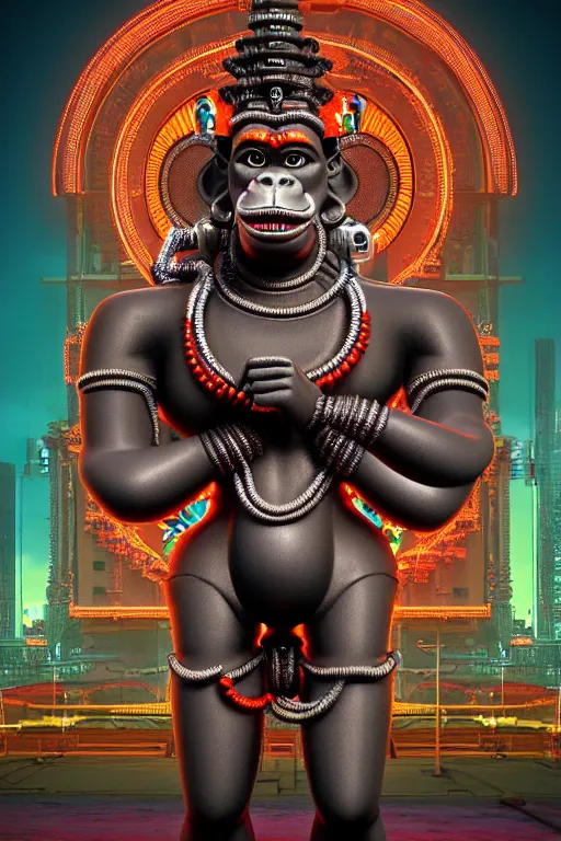 Image similar to high quality 3 d render post - rococo cyberpunk hanuman! head building, neon madhubani, open mouth, highly detailed, in sci - fi mumbai, cinematic smooth unreal engine, lee madgwick & liam wong, dramatic light, low angle, uhd 8 k, sharp focus