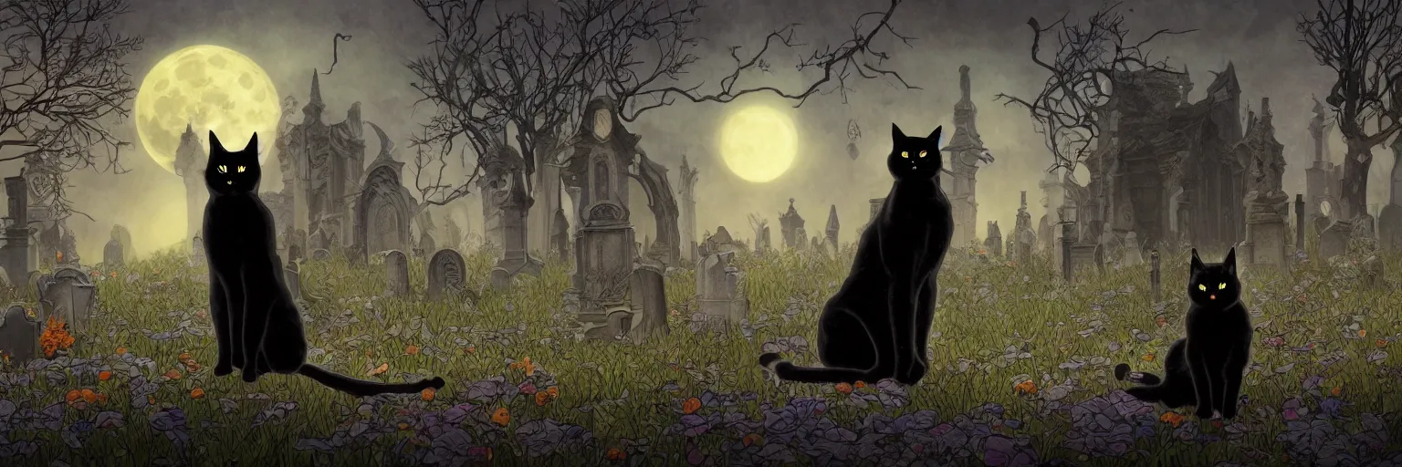 Image similar to an ultra detailed animation of a black cat in a graveyard at midnight on halloween, tattoo on shohulder, digital art, dark fantasy, concept art, soulslike, by alphonse mucha, blood moon eclipse, ruined building in the background, artstation, 8 k, unreal engine render