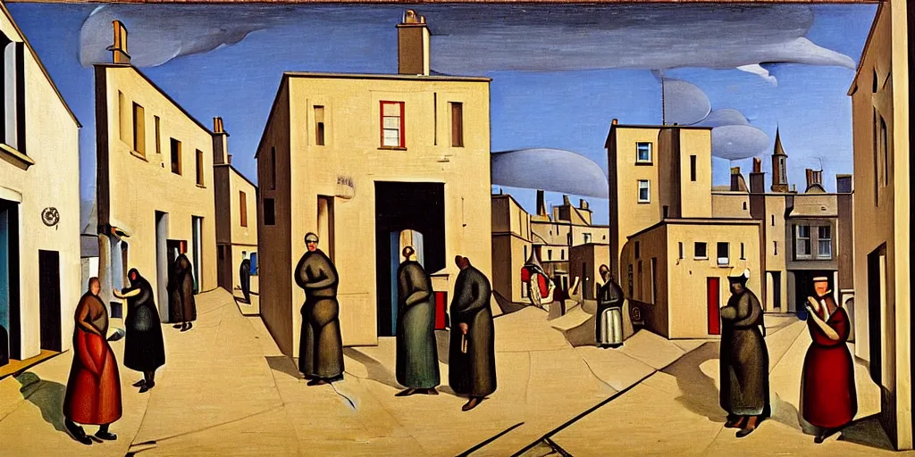 Image similar to a painting of street life in kirkwall, orkney, people,houses, by Giorgio de Chirico