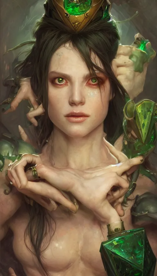 Image similar to epic masterpiece portrait alice in dungeons and dragons, sweaty skin, hyperrealistic, octane render, cinematic, beautiful face and flawless skin, perfect hands, emeralds by Edgar Maxence and Ross Tran and Michael Whelan, Legends of Runeterra