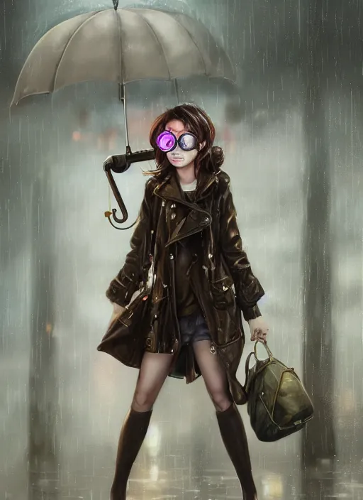 Prompt: girl, steampunk, goggles, pilot, standing in the rain with an umbrella, wet, raindrops, portait, made by stanley artgerm lau, wlop, rossdraws, james jean, andrei riabovitchev, marc simonetti, yoshitaka amano, artstation