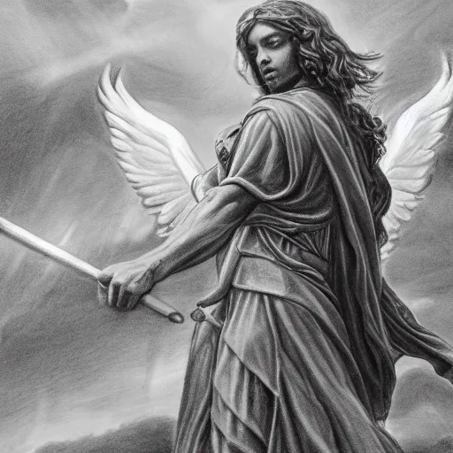 Image similar to mystical heroic angel standing over his fallen army in defeat, pencil drawing, hyper realistic, 4 k,