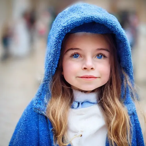 Image similar to a little portuguese girl with white - fair!!!!! skin, dirty blonde hair and blue eyes, wearing a disney land coat and blue jeans, 4 k, 8 k, photorealistic facial features