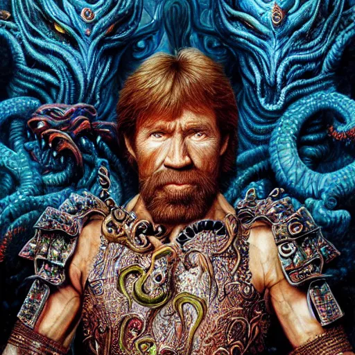 Image similar to uhd photorealistic detailed image of chuck norris wearing extremely intricate warrior costume, fighting lovecraftian cthulhu by ayami kojima amano karol bak tonalism