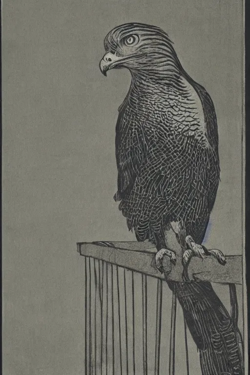 Image similar to an hawk resting on a fence, an illustration of by laszlo moholy - nagy, behance, sosaku hanga, cyanotype, photoillustration, calotype