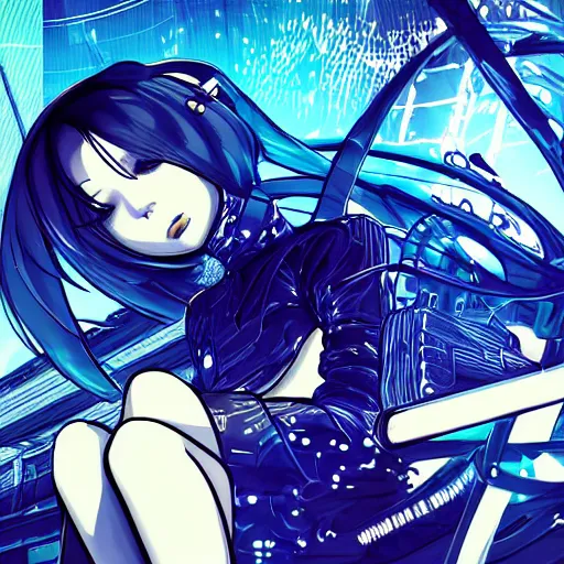 Image similar to Frequency indie album cover, luxury advertisement, blue filter, blue and black colors. Clean and detailed post-cyberpunk sci-fi close-up schoolgirl in asian city in style of cytus and deemo, blue flame, relaxing, calm and mysterious vibes, by Tsutomu Nihei, by Yoshitoshi ABe, by Ilya Kuvshinov, by Greg Tocchini, nier:automata, set in half-life 2, Matrix, GITS, Blade Runner, Neotokyo Source, Syndicate(2012), dynamic composition, beautiful with eerie vibes, very inspirational, very stylish, with gradients, surrealistic, dystopia, postapocalyptic vibes, depth of field, mist, rich cinematic atmosphere, perfect digital art, mystical journey in strange world, beautiful dramatic dark moody tones and studio lighting, shadows, bastion game, arthouse