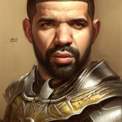 Prompt: drake as a realistic fantasy knight, closeup portrait art by donato giancola and greg rutkowski, digital art, trending on artstation, symmetry!!