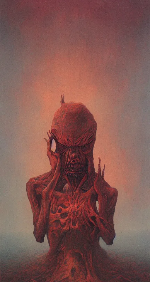 Image similar to Painting in a style of Beksinski featuring a giant alien crying. Pain and suffering in the background