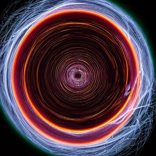 Prompt: photography of a black hole along spaghetti noodles on a dinner plate, spaghetti noodles accretion disc, gravitational lens, 8 k resolution, by nasa