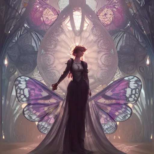 Prompt: beautiful mysterious woman wrapped in butterfly wings, standing in a sunny room interior, soft volumetric lighting, cinematic, sublime atmosphere, intricate detail, by nekro, tom bagshaw, alphonse mucha, octane render, deviantart