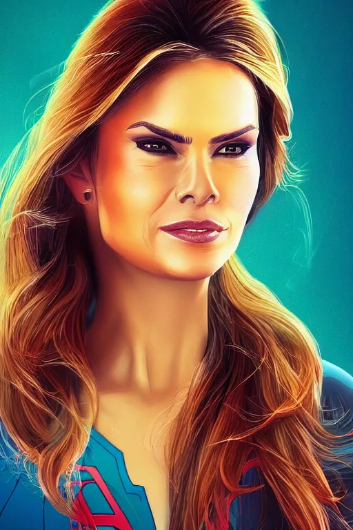 Image similar to portrait of a mix of young maria shriver, mariel hemmingway, melania trump and elle macpherson as superwoman, thin lips, hair tied up in a pony tail, colorful artstation, cgsociety