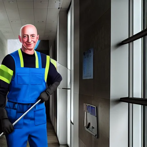 Image similar to 8k hyper realistic HDR photo of janitor with Jeff Bezos face
