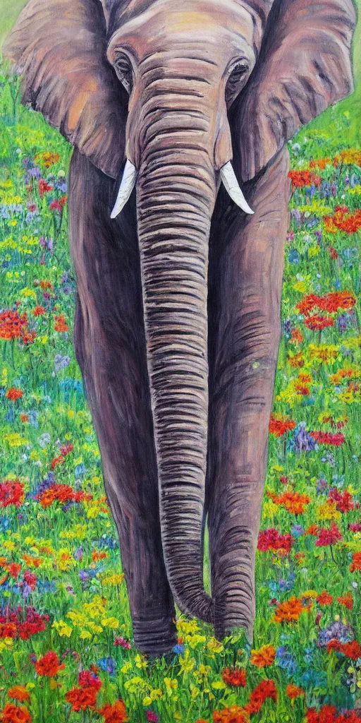 Prompt: painting elephant in field of flowers,