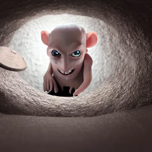 Prompt: a little homunculus man slipping his way into a little rat hole, vfx, hyper realistic