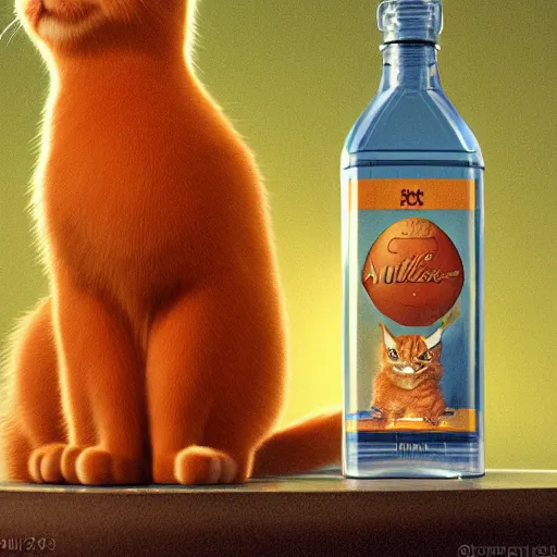 Prompt: a fluffy cat standing next to a bottle of medicine. the cat smiles, orange cat. yellow background color. animal. digital art. artstation. realistic. vibrant. illustration. in the style of pixar movie. octane render. art by artgerm and greg rutkowski and alphonse mucha. volumetric lighting