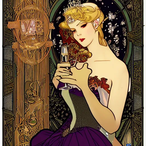 Prompt: sleeping beauty with champagne. art by mucha and wlop