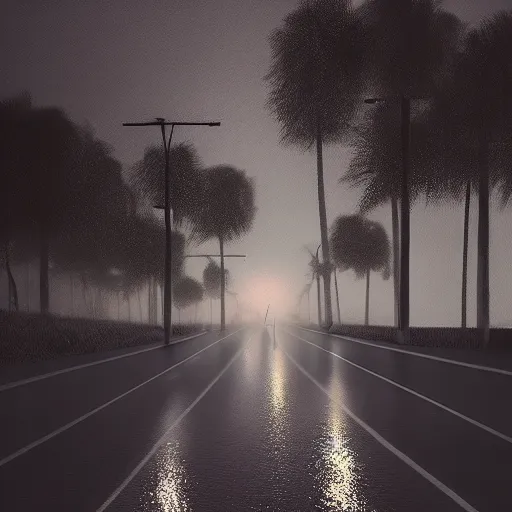 Prompt: dimly lit road at night after rain that leads to a small cozy beach, desaturated, photorealistic, beautiful, sharp, highly detailed, artstation, pixvy