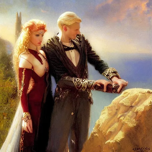 Image similar to attractive male arthur pendragon who has blond hair confesses his love to attractive male dracula. highly detailed painting by gaston bussiere, craig mullins, j. c. leyendecker 8 k