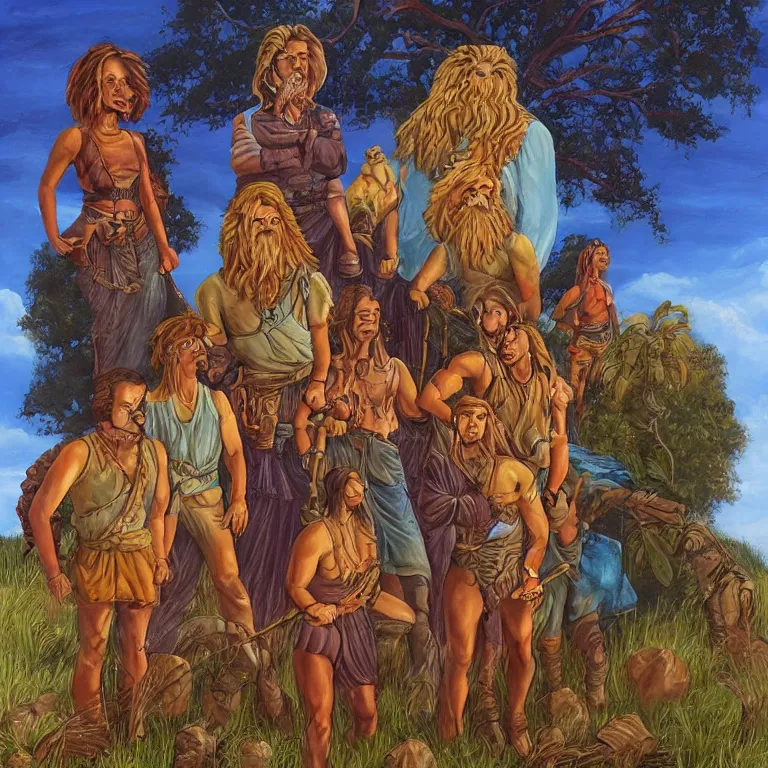 Image similar to a beautiful painting in the style of larry elmore of a stone man with his mystical friends at summer camp