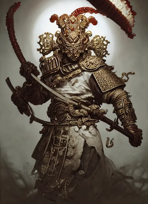 Image similar to subsurface scattering, white, koi, samurai deity with filigree chitin armor, by jesper ejsing, james jean, justin gerard, tomasz alen kopera, cgsociety and fenghua zhong, highly detailed, rim light, cinematic lighting, illustration, art, octane render, very coherent, cinematic, hyper realism, high detail, 8 k