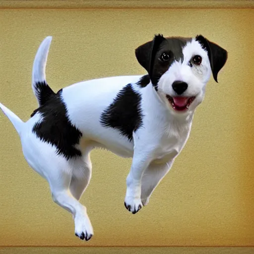 Prompt: flying jack russell terrier with propeller on it's back flying like a helicopter, highly detailed, digital art